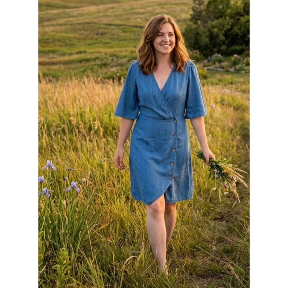 Seen Worn Kept Wrap Dress Womens Sz 10 Tencel Blue Chambray Flutter Short Sleeve